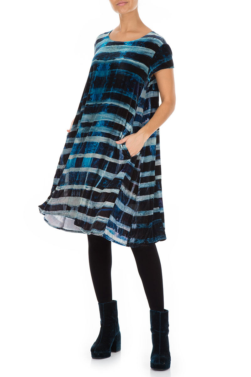 Short Sleeves Blue Lines Stretchy Silk Velvet Dress