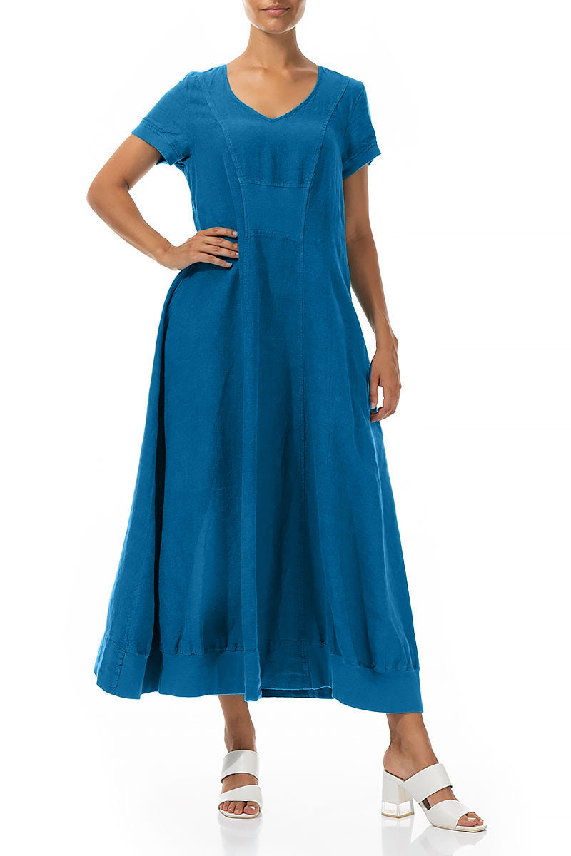 Kurzarm Maxikleid aus Leinen in Kobaltblau