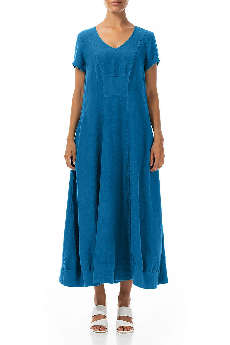Short Sleeves Cobalt Blue Linen Maxi Dress 1