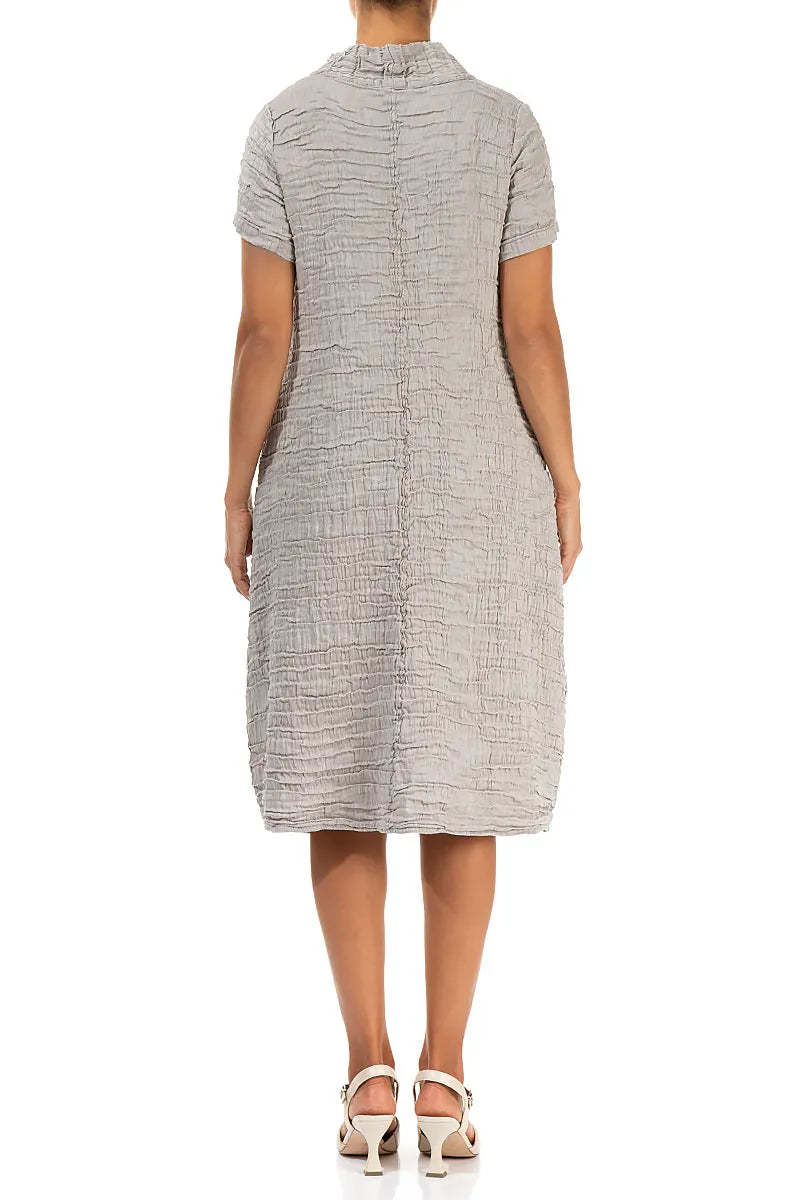 Short Sleeves Cowl Neck Beige Crinkled Silk Linen Dress 2