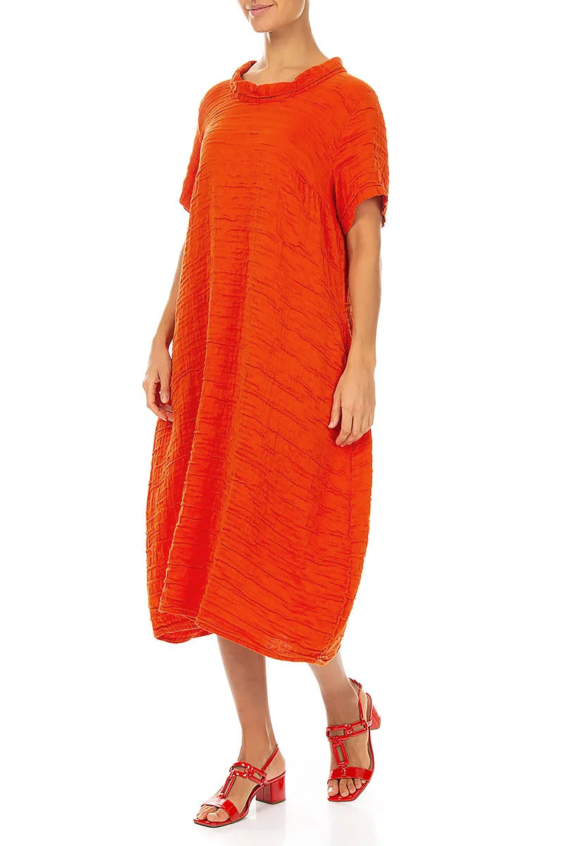 Short Sleeves Cowl Neck Flame Orange Crinkled Silk Linen Dress 3