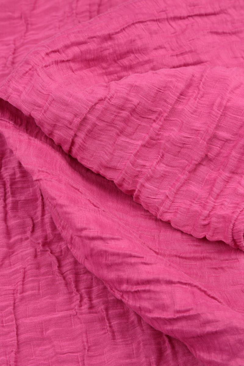 Short Sleeves Cowl Neck Fuchsia Crinkled Silk Linen Dress 7