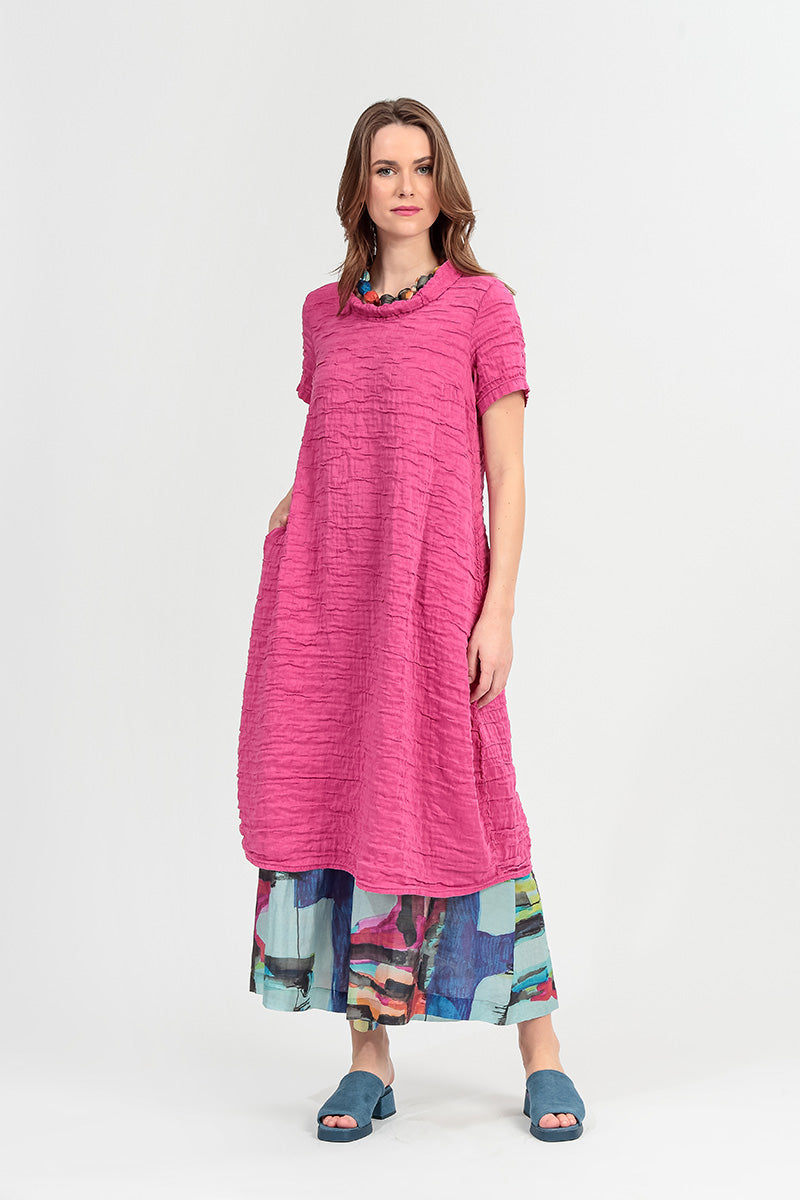 Short Sleeves Cowl Neck Fuchsia Crinkled Silk Linen Dress 1
