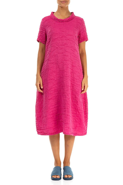 Short Sleeves Cowl Neck Fuchsia Crinkled Silk Linen Dress 2