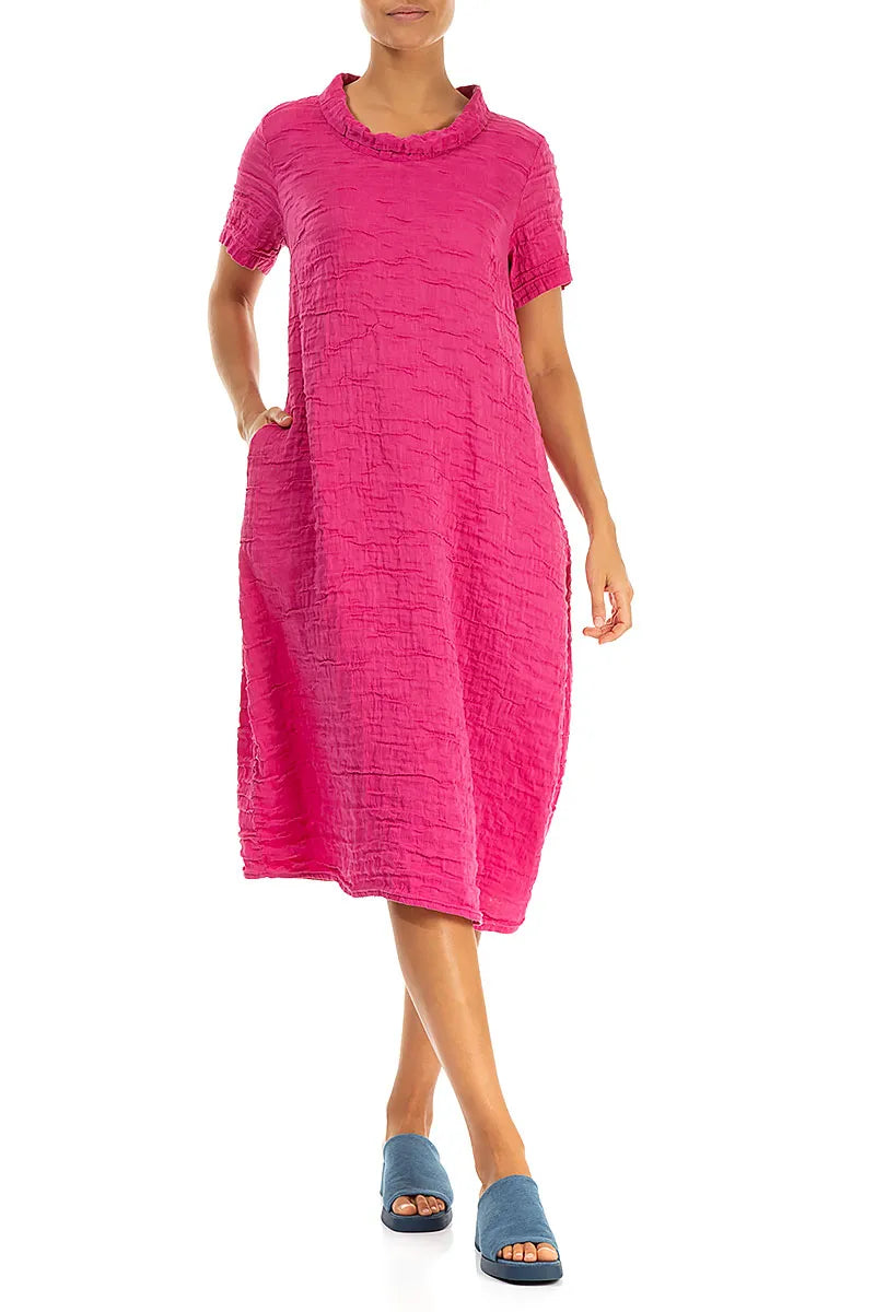 Short Sleeves Cowl Neck Fuchsia Crinkled Silk Linen Dress 5