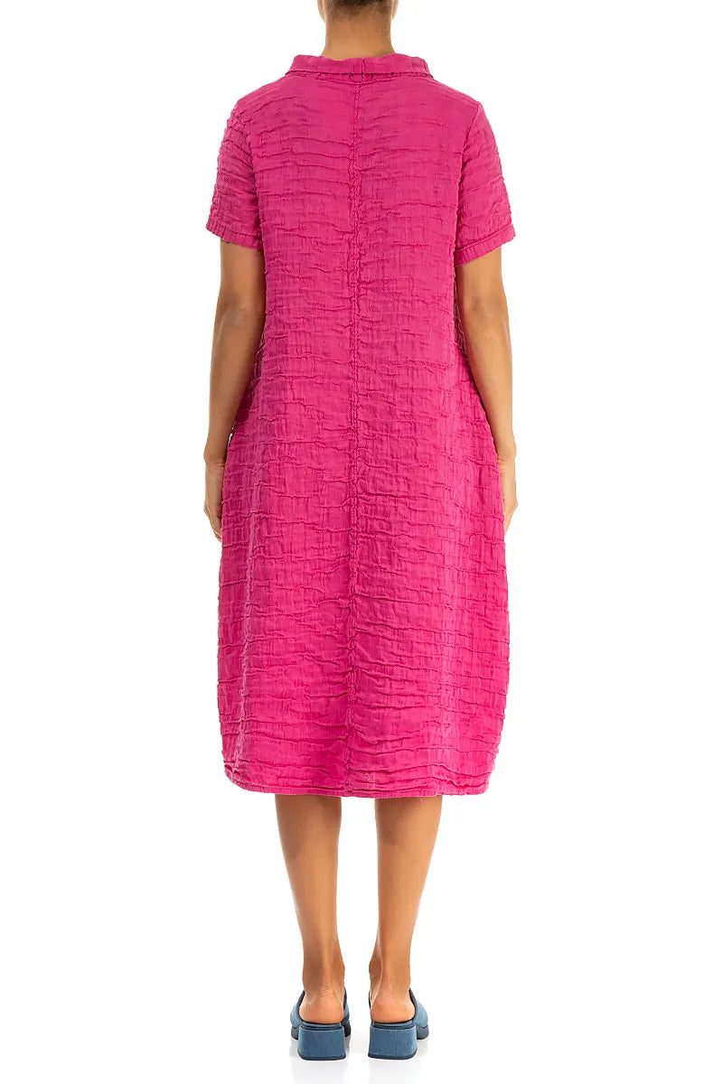 Short Sleeves Cowl Neck Fuchsia Crinkled Silk Linen Dress 3