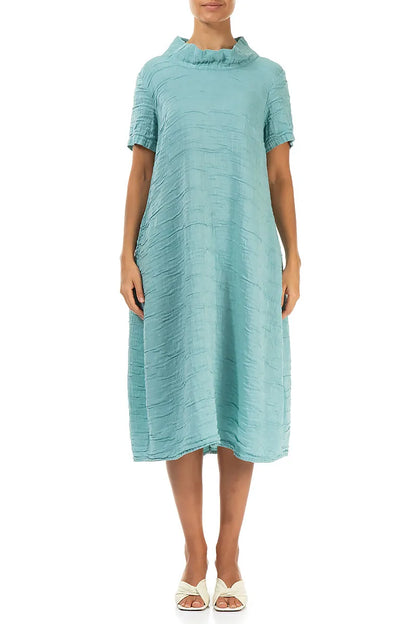 Short Sleeves Cowl Neck Mint Crinkled Silk Linen Dress 1