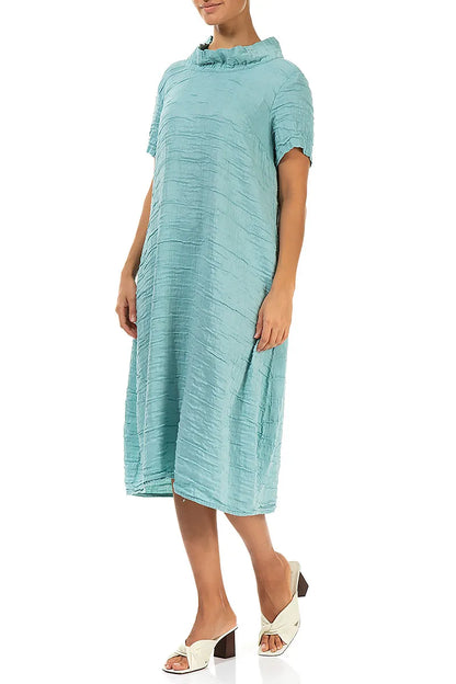 Short Sleeves Cowl Neck Mint Crinkled Silk Linen Dress 3