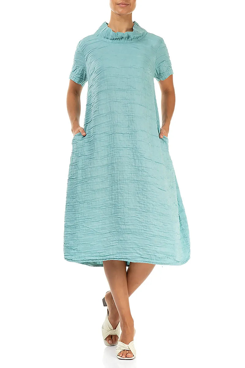 Short Sleeves Cowl Neck Mint Crinkled Silk Linen Dress 4