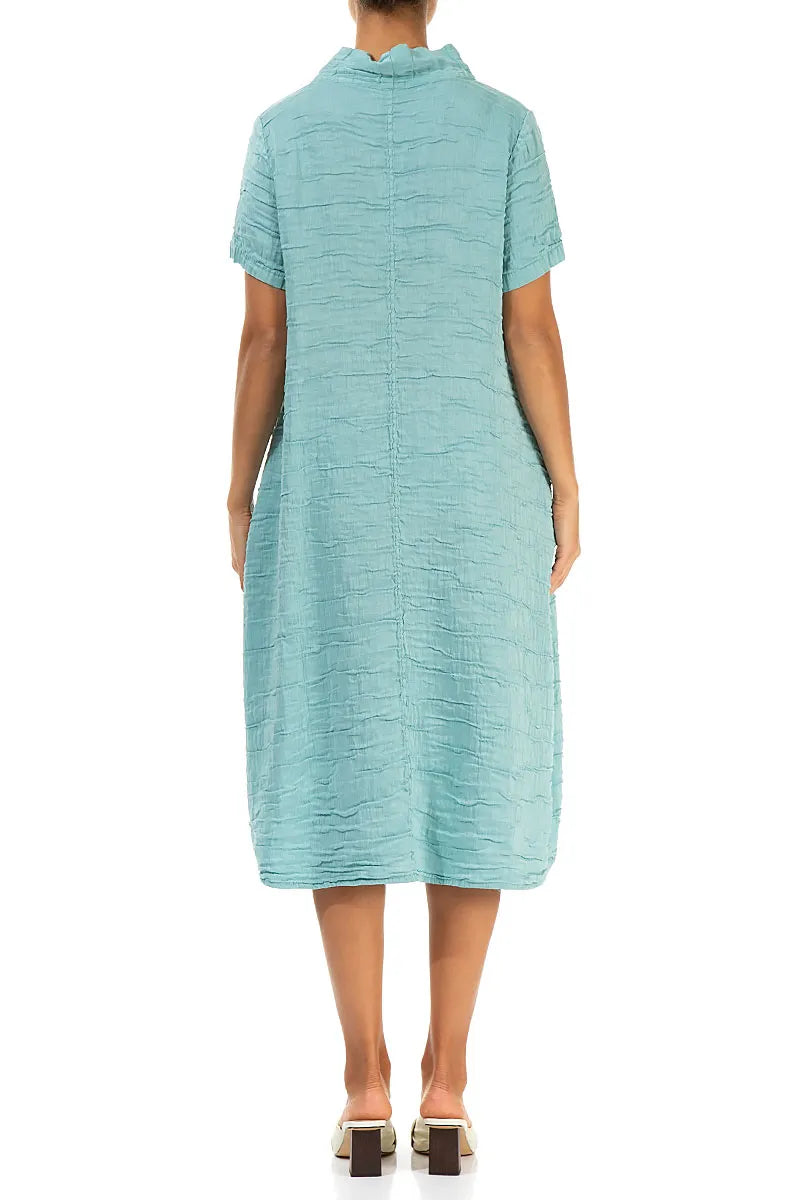 Short Sleeves Cowl Neck Mint Crinkled Silk Linen Dress 2