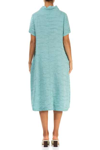 Short Sleeves Cowl Neck Mint Crinkled Silk Linen Dress 2
