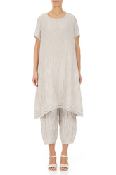 Short Sleeves Crinkled Beige Silk Linen Tunic Dress 1