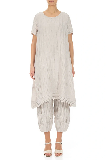 Short Sleeves Crinkled Beige Silk Linen Tunic Dress 1