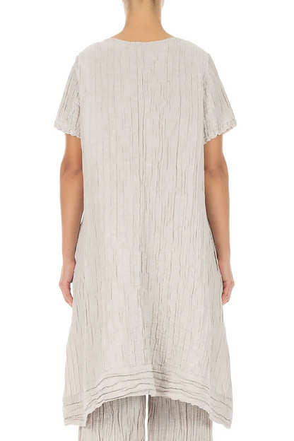 Short Sleeves Crinkled Beige Silk Linen Tunic Dress 2