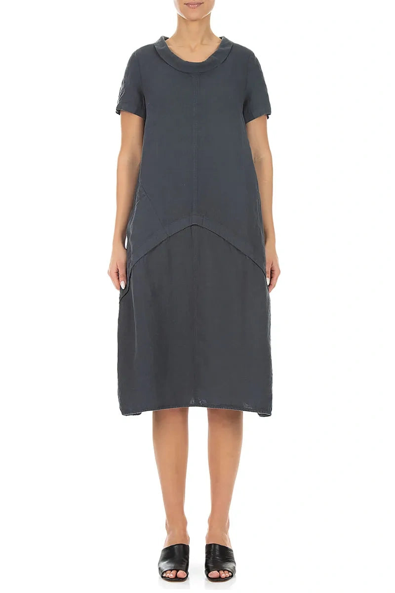 Short Sleeves Draped Collar Graphite Linen Dress 1