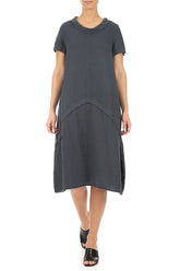Short Sleeves Draped Collar Graphite Linen Dress 4