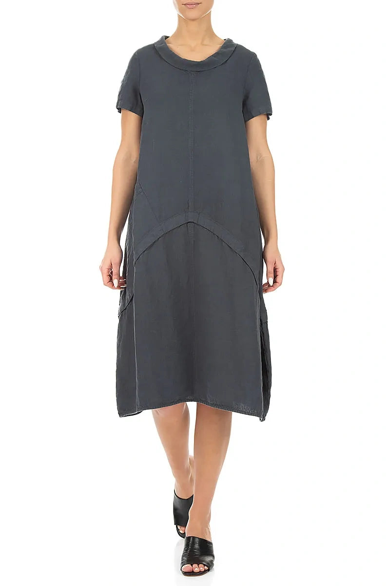 Short Sleeves Draped Collar Graphite Linen Dress 4