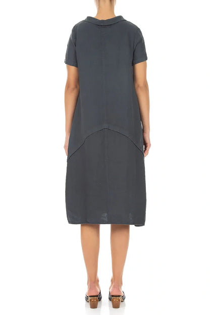Short Sleeves Draped Collar Graphite Linen Dress 2