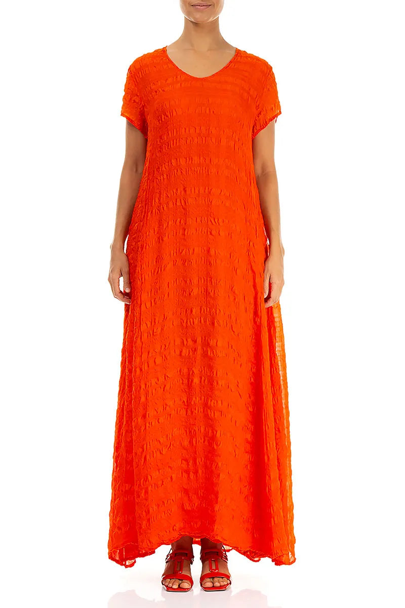 Short Sleeves Flame Orange Light Silk Maxi Dress 1