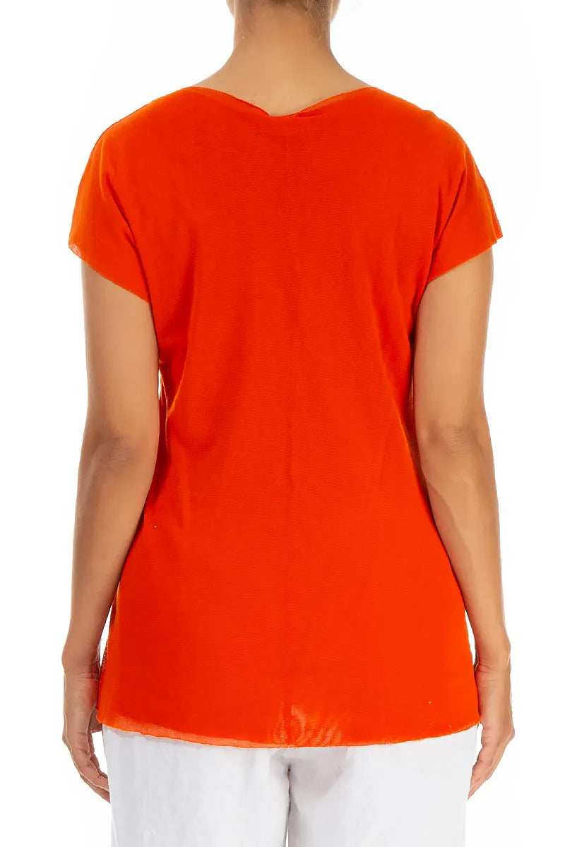 Short Sleeves Flame Orange Mesh Soft Cotton Top 2