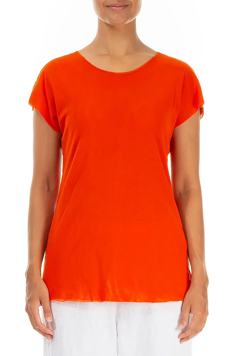 Short Sleeves Flame Orange Mesh Soft Cotton Top 1