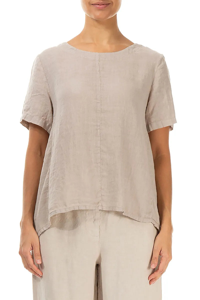 Short Sleeves Flared Beige Linen Top 1