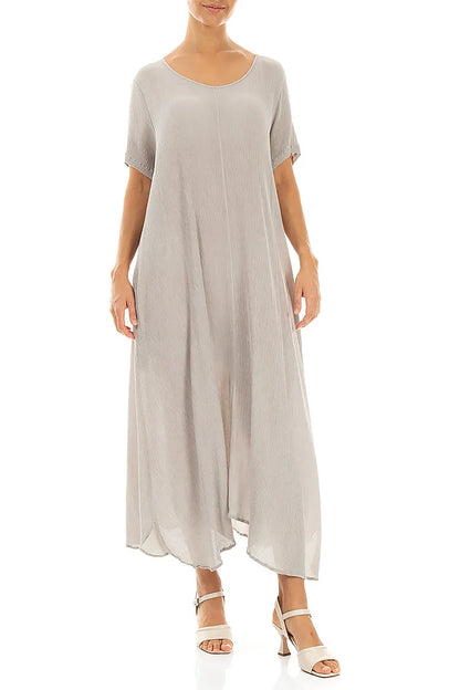 Robe évasée beige en soie et viscose à manches courtes