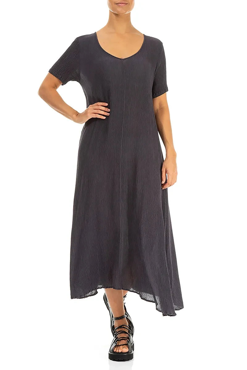 Short Sleeves Flared Graphite Silk Viscose Dress 4