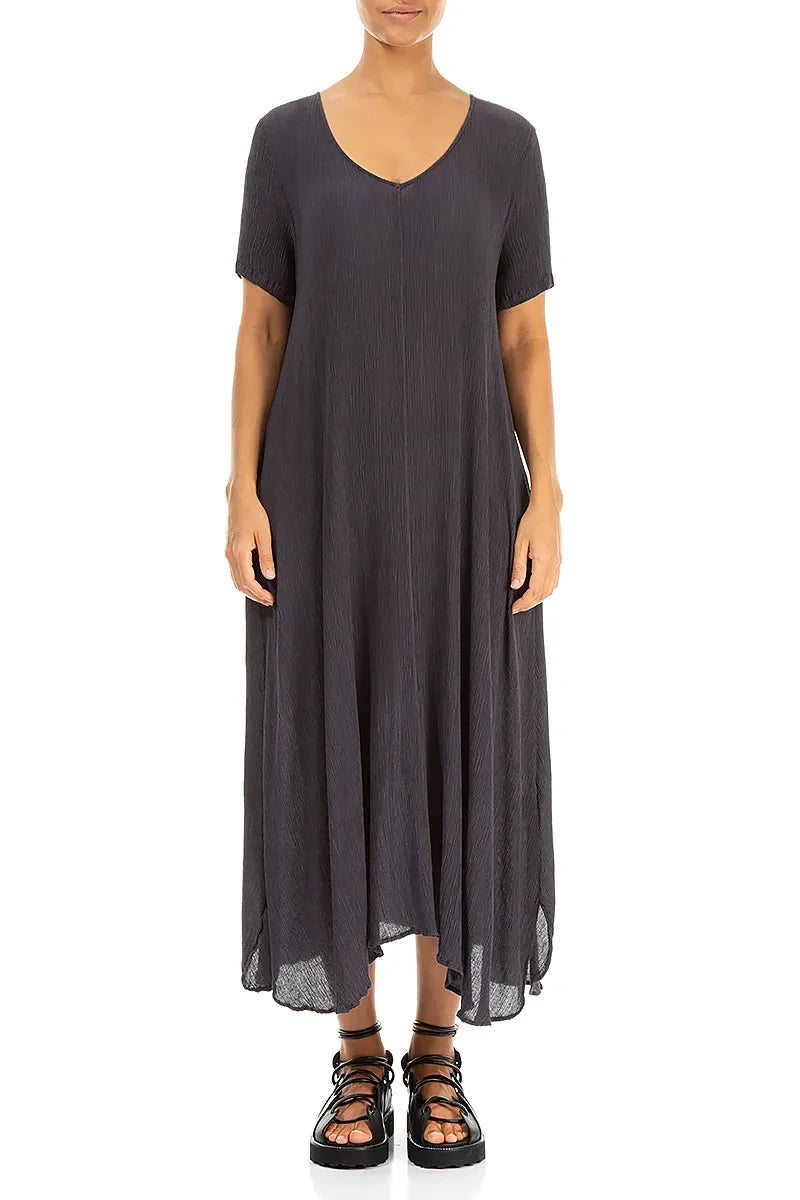 Short Sleeves Flared Graphite Silk Viscose Dress 1