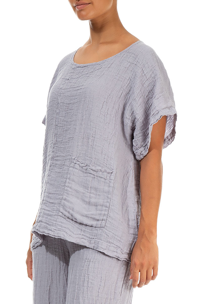 Short Sleeves Lilac Grey Crêpe Linen Blouse 3