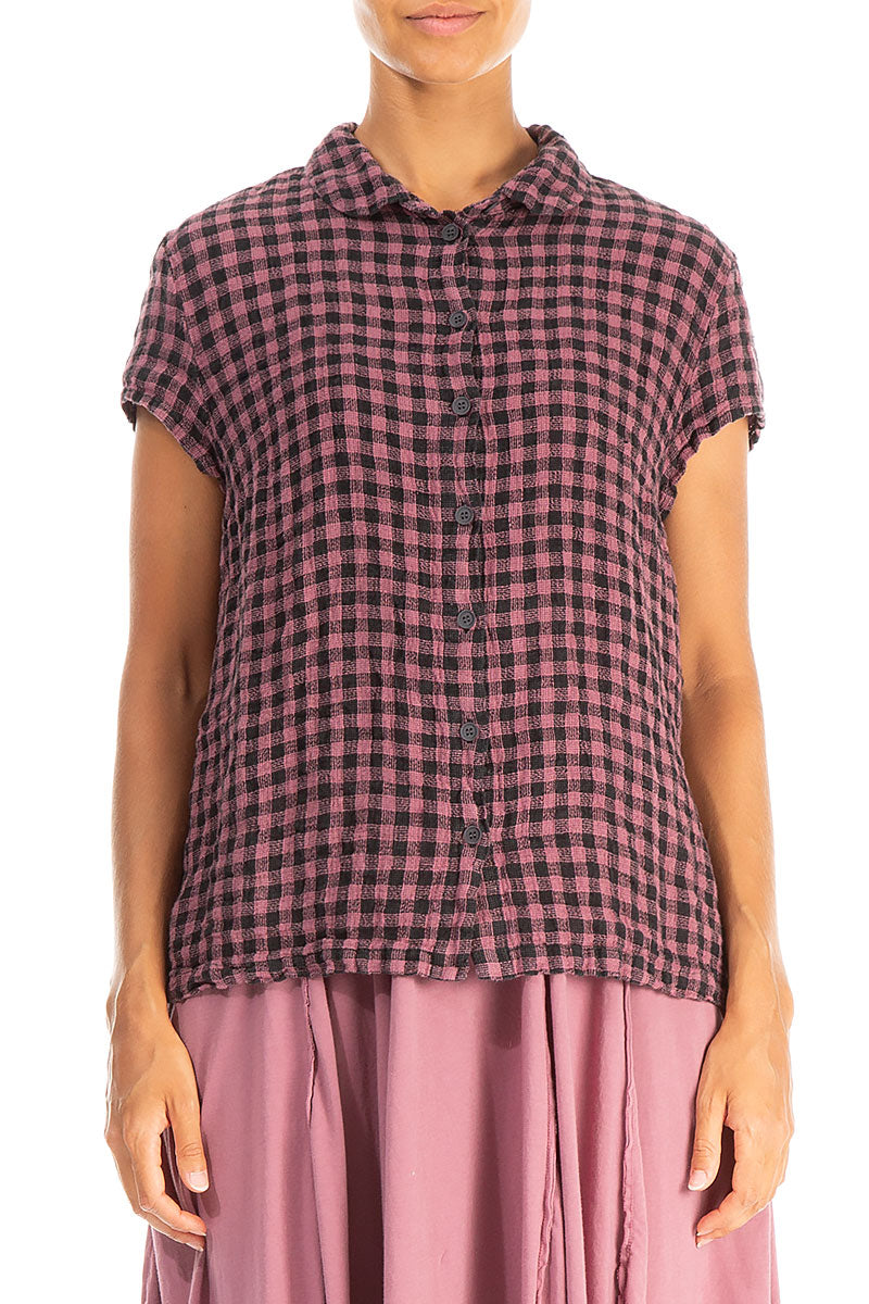Short Sleeves Mauve Taupe Check Linen Jacket 1