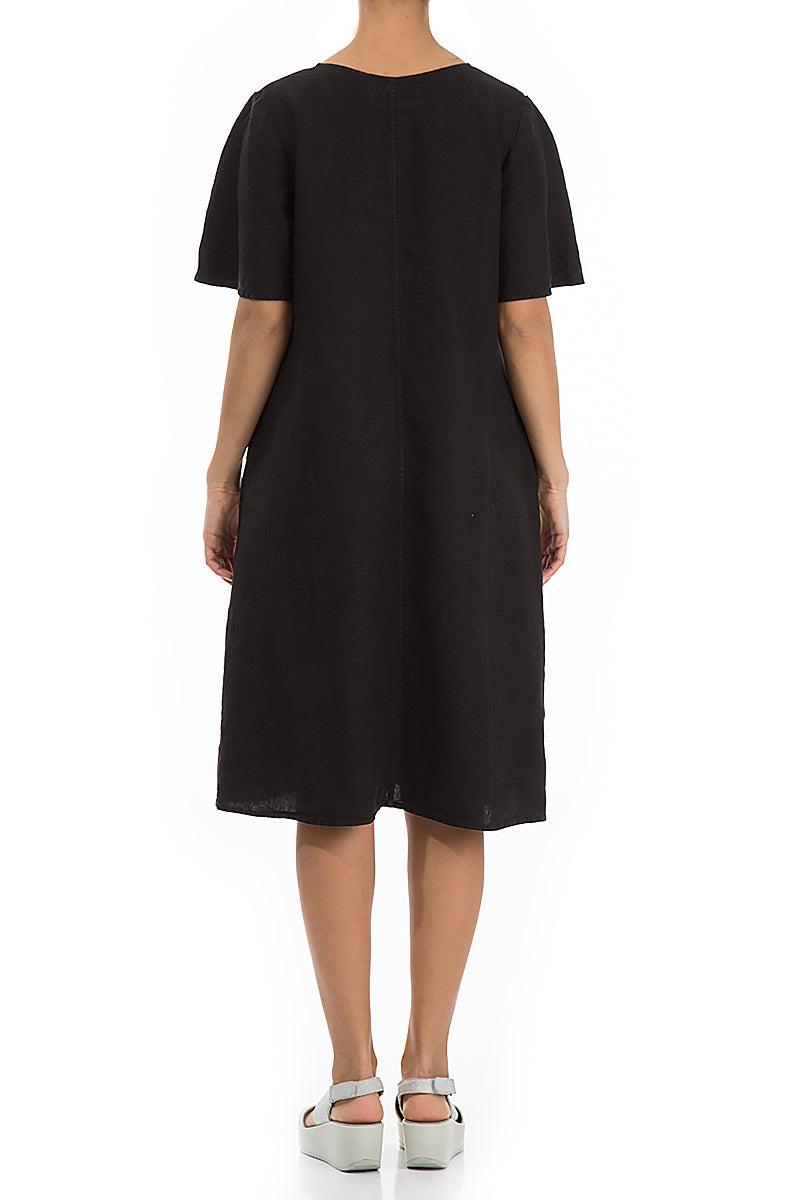 Short Sleeves Midi Black Linen Dress 2