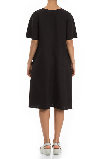 Short Sleeves Midi Black Linen Dress 2