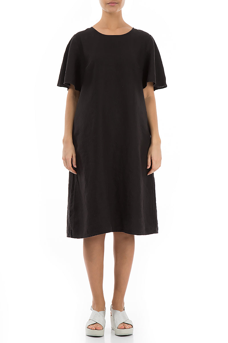 Short Sleeves Midi Black Linen Dress 1