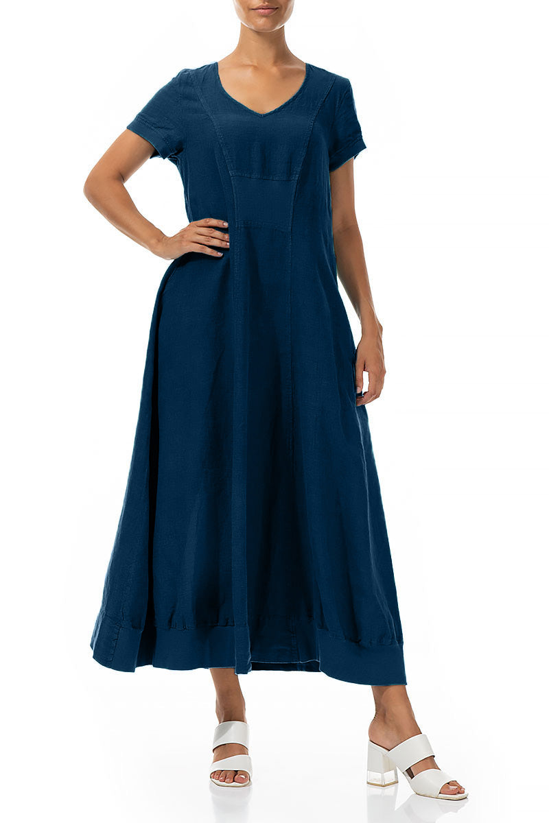 Kurzärmliges marineblaues Leinen-Maxikleid