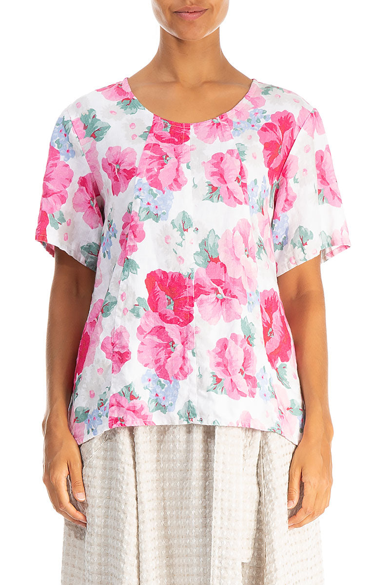 Short Sleeves Peony Blossom Linen Blouse 1