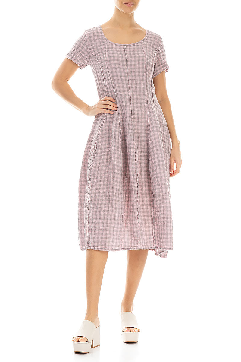 Short Sleeves Pink Check Linen Dress