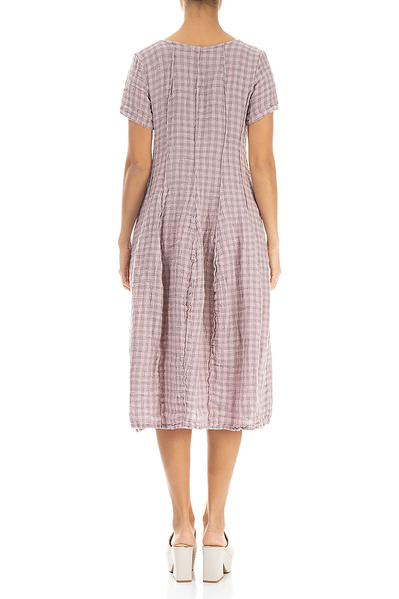 Short Sleeves Pink Check Linen Dress