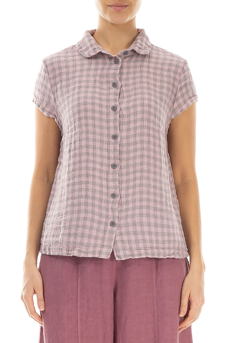 Short Sleeves Pink Check Linen Jacket 1