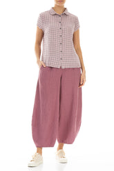 Short Sleeves Pink Check Linen Jacket 4