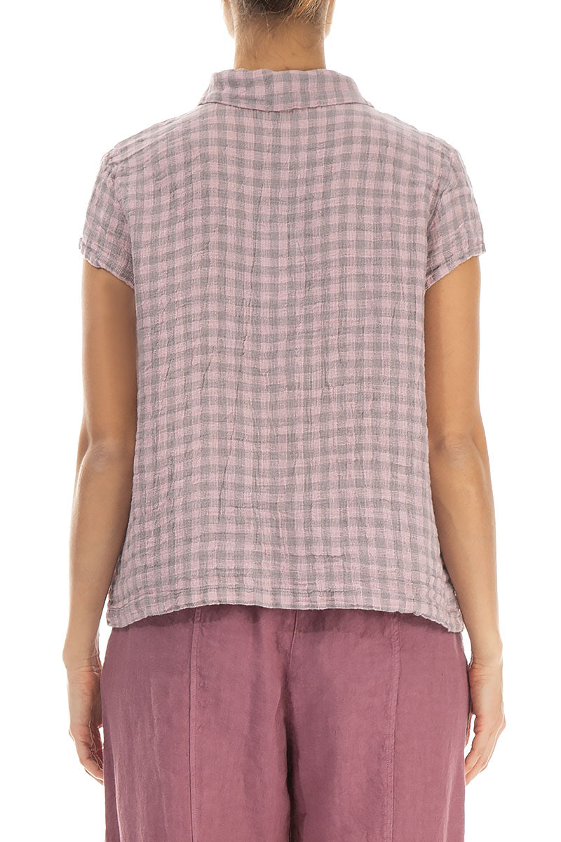Short Sleeves Pink Check Linen Jacket 2