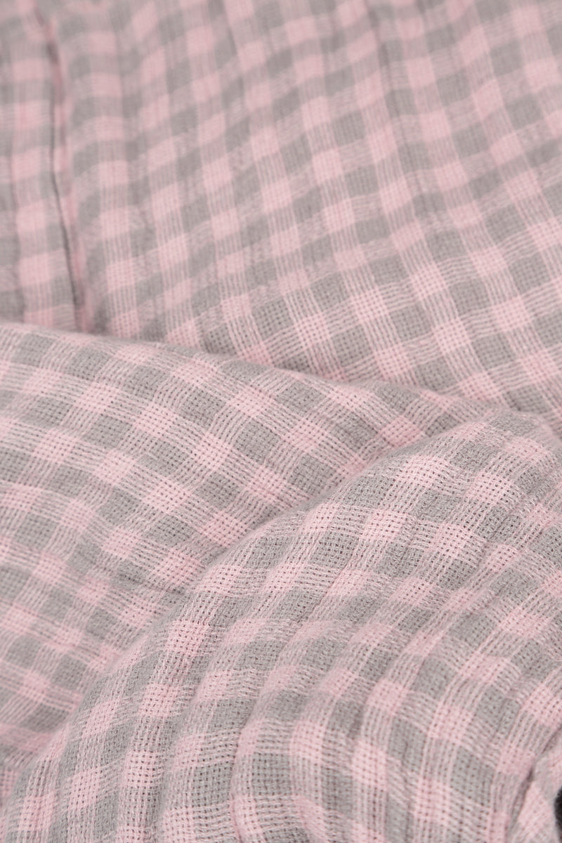 Short Sleeves Cowl Neck Pink Check Linen Midi Dress 5