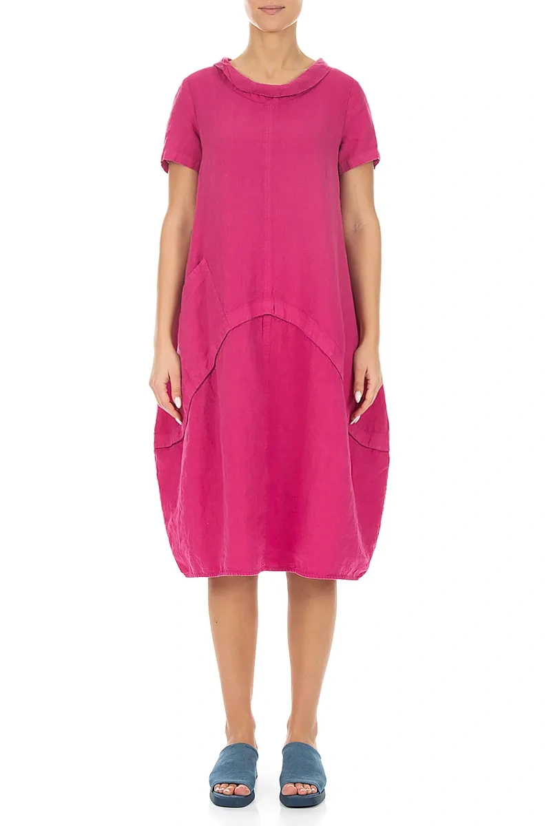 Robe courte en lin fuchsia sculptée à manches courtes