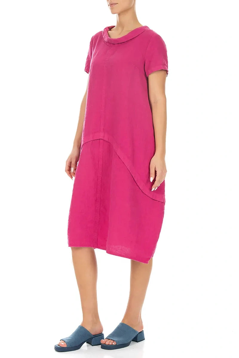 Robe courte en lin fuchsia sculptée à manches courtes