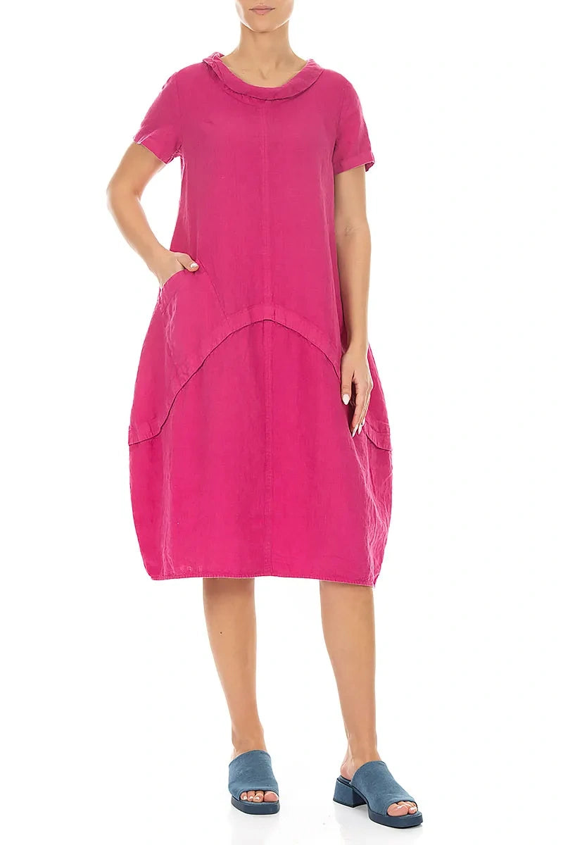 Robe courte en lin fuchsia sculptée à manches courtes