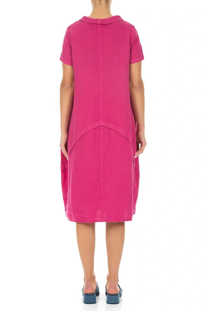 Robe courte en lin fuchsia sculptée à manches courtes