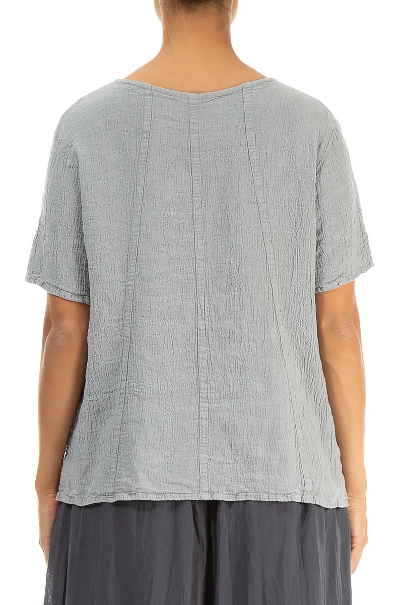 Short Sleeves Silver Grey Textured Linen Blouse