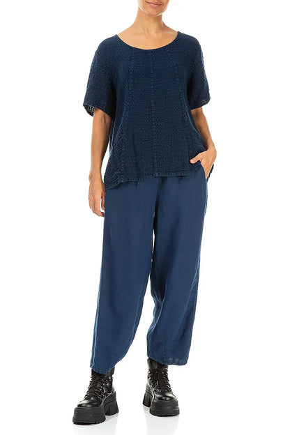 Short Sleeves Textured Navy Linen Blouse 4