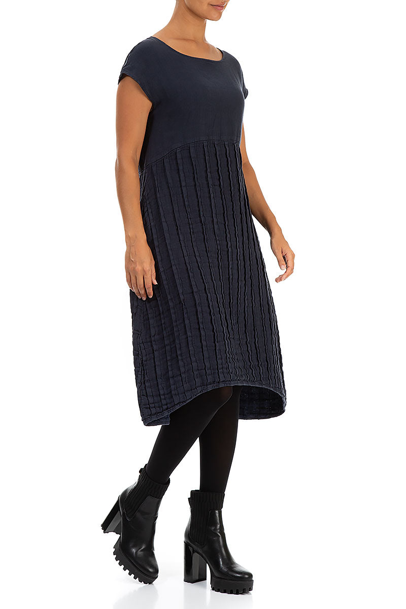 Short Sleeves Navy Pleated Linen Dress 3