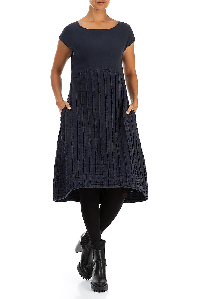 Short Sleeves Navy Pleated Linen Dress 4